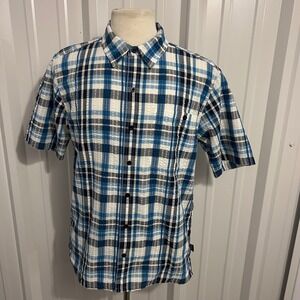 Patagonia Mens Blue Plaid Seersucker Short Sleeve Button Down Shirt Size M